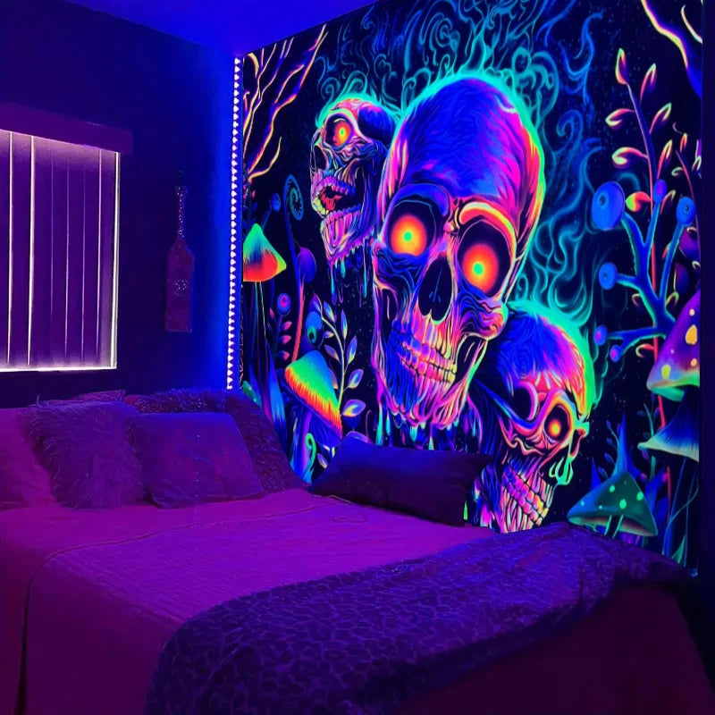 Skeleton flower fluorescent tapestry, UV tapestry, plant mushroom tapestry, bedroom aesthetic decoration wall hanging