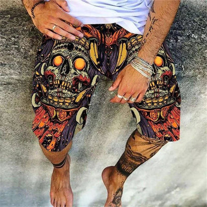 Fashion Skulls Print Mens Shorts Spring Summer Loose Drawstring Tie-up Casual Short Pant Leisure Men Vacation Beach Shorts