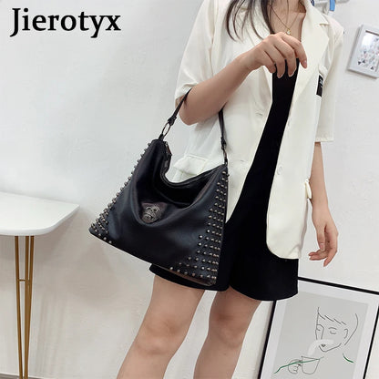 JIEROTYX Punk Skull Women Shoulder Bags Large Capacity Fashion Rivet Ladies Handbag Black Leather PU Tote Cossbody Great Quality