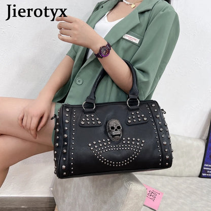 JIEROTYX Trendy Metal Skull Studded Black Handbags Gothic Rivet Womens Purse Satchel Handbag Shoulder Bags Large Capacity