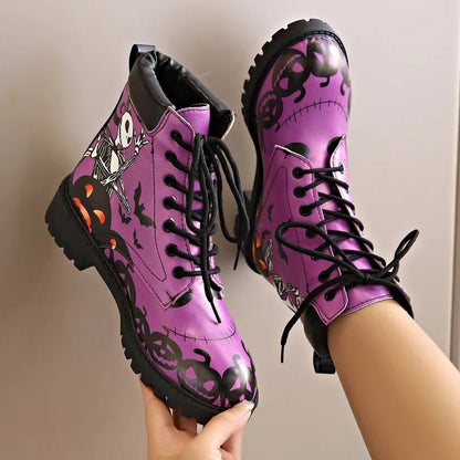 Skull Print High-Top Sneakers Women's Boots Autumn Winter Fashion Lace Up Purple Ankle Boots Plus Size Punk Gothic Shoes