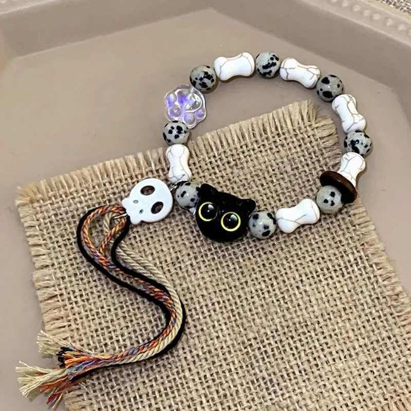 2PCS Tassels Big Eye Cat Bracelets for Women Sweet Cool Skull Ceramic Beaded Bracelet Aesthetic Party Jewelry Accessories