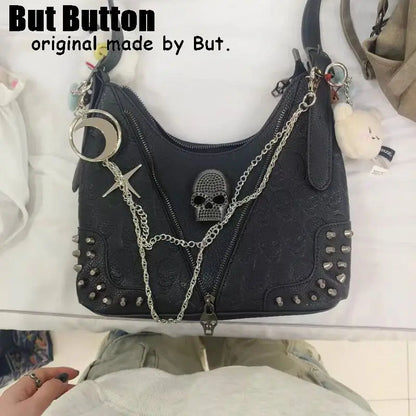 Y2K Gothic Punk Women's Girls Two Shoulder Rivet Chain Skull Cool Handbag Harajuku Bags Tote retro skull single shoulder Bag