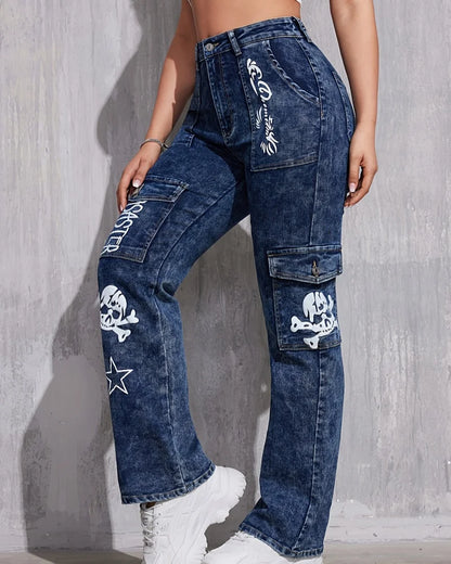 Retro Streetwear Y2K Jeans Harajuku Gothic Hip Hop Skull Watermark Baggy Trousers Casual Loose Straight Wide-leg Pants