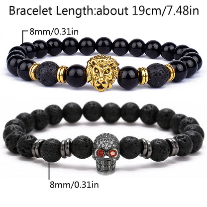 New Couple Black Eye Skull Hematite Bead Bracelet Fashion Classic Handmade Lava Stone Lion Bracelets Punk Jewelry