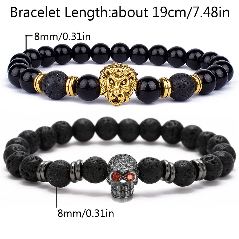 New Couple Black Eye Skull Hematite Bead Bracelet Fashion Classic Handmade Lava Stone Lion Bracelets Punk Jewelry