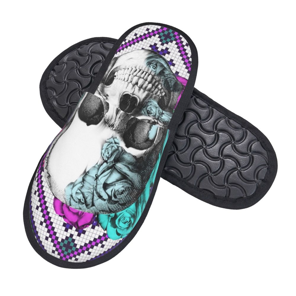 Personalized Mexican Day Of The Dead Skull Comfy Scuff Memory Foam Slippers Women Halloween Bedroom House Shoes