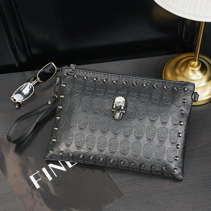 3D Skull Rivet Men's Clutches Fashion Clutch Bag Street Style Envelope Bag Skull Clutch Hand Bag Purse High Capacity Wallet Bag