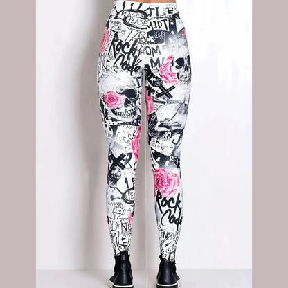 Floral & Skull print elastic elastic waist slim-fit women's leggings for everyday wear