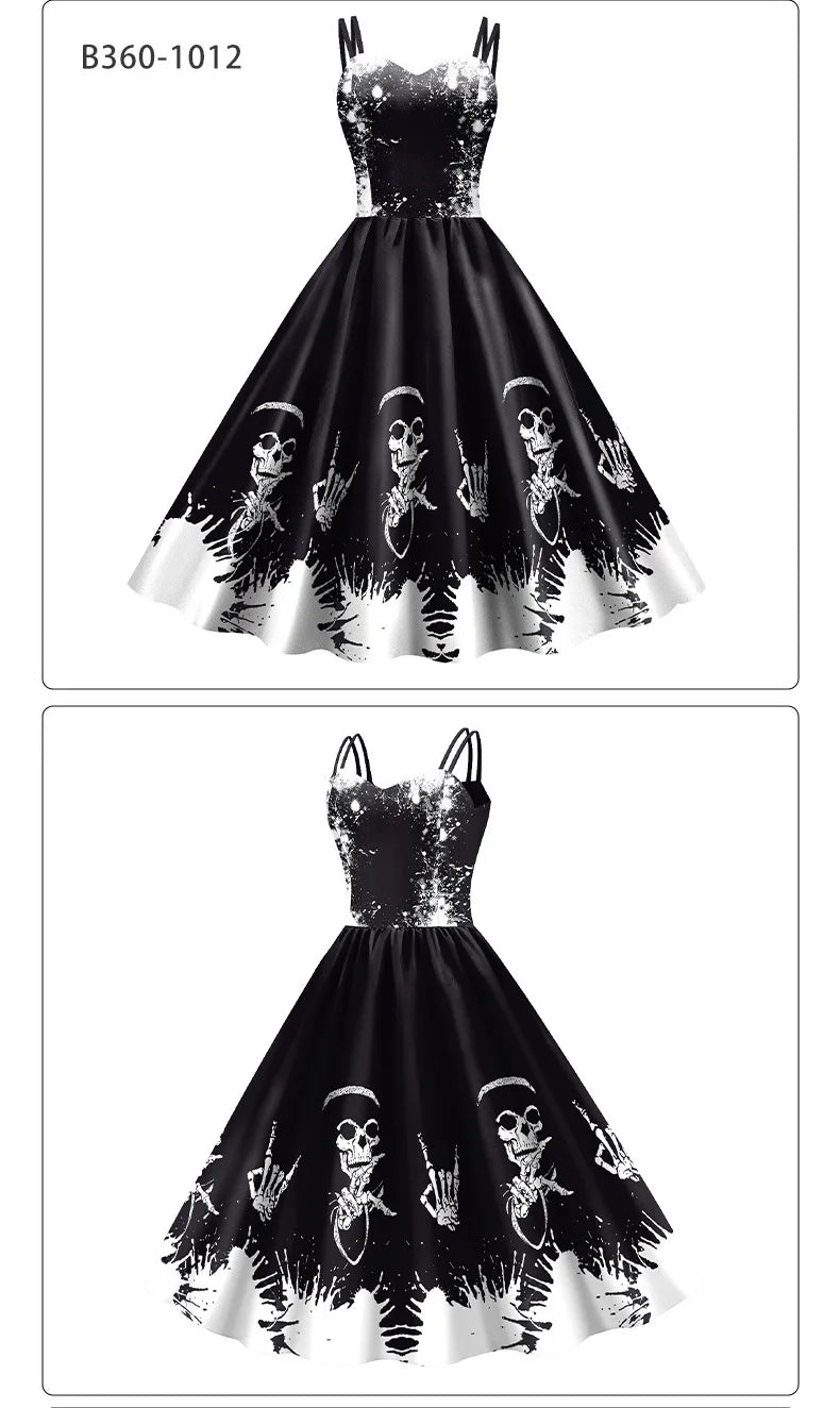 [You're My Secret] Fancy Skeleton Halloween Women Dress Girl Carnival Party Dresses Female Goth Horror Costume Rockabilly Dress