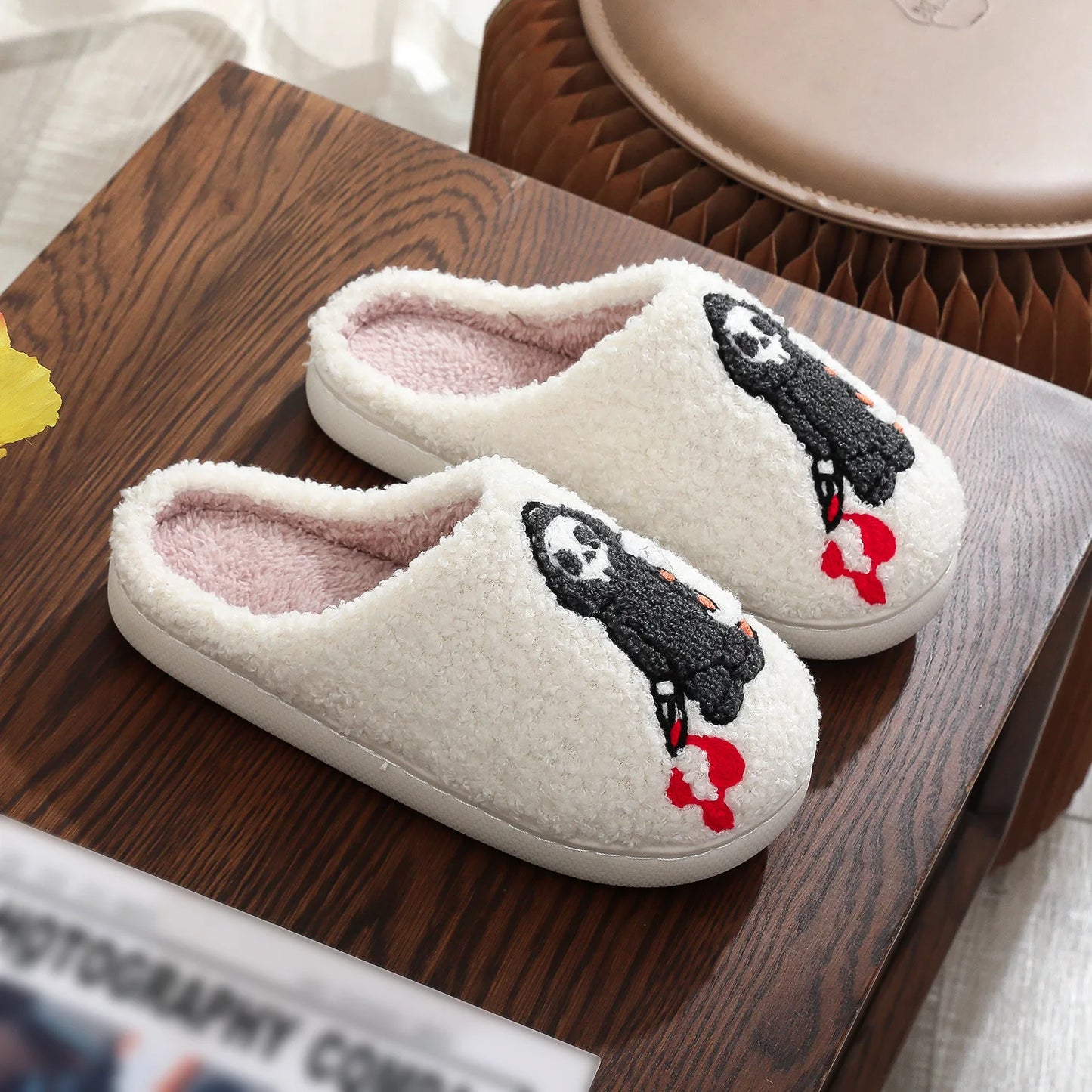 Halloween Skull Embroidery Cotton Slippers Home Flat Indoor Ghost Non-slip Women Men Thickened Slippers Goat Halloween Gift