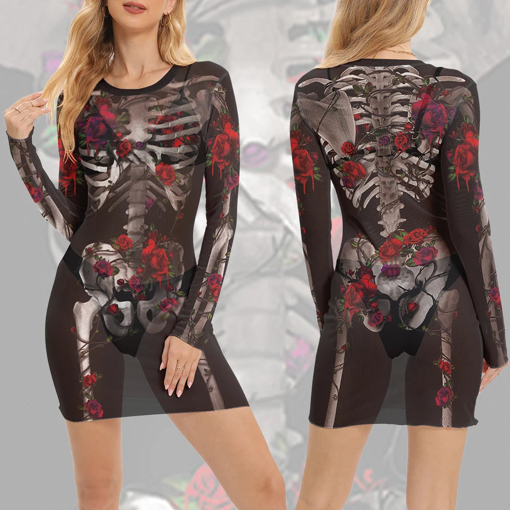 Summer Breathable Mesh Dress Women Sexy Min Dress Halloween Rose Skeleton Outfit Festival Carnival Streetwear Female Clothing