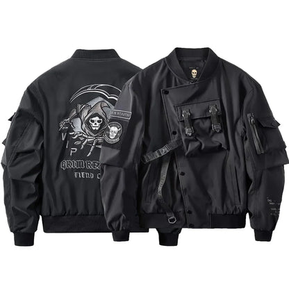 Mens Fall Winter American Street Workwear Jackets New Zipper Pocket Solid Color Skull Death Embroidery Fashion Trend Jacket