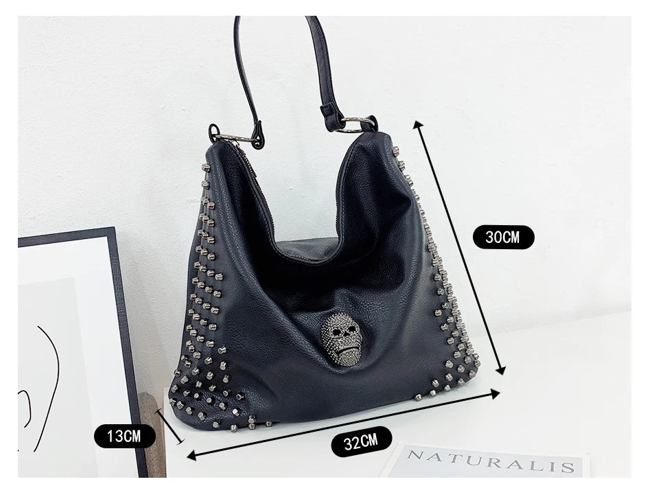 JIEROTYX Punk Skull Women Shoulder Bags Large Capacity Fashion Rivet Ladies Handbag Black Leather PU Tote Cossbody Great Quality