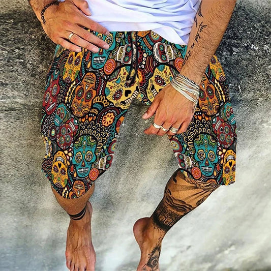 Fashion Skulls Print Mens Shorts Spring Summer Loose Drawstring Tie-up Casual Short Pant Leisure Men Vacation Beach Shorts