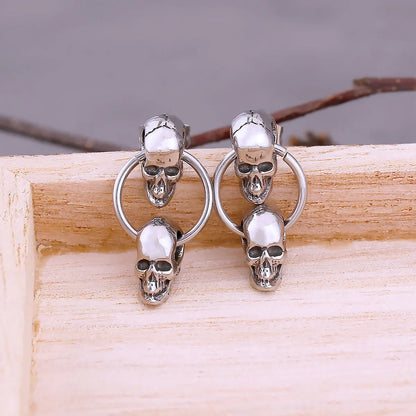 Gothic Double Skull Head Drop Earrings Women Punk Hip Hop Style Stainless Steel Earrings Vintage Party Club Jewelry Gift