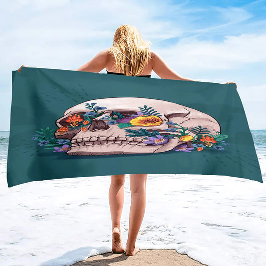 Skull Beach Towel Microfiber Beach Towel for Gym Travel Fitness Spa Towel Women Girl Flower Rose Skull Large Beach Towels