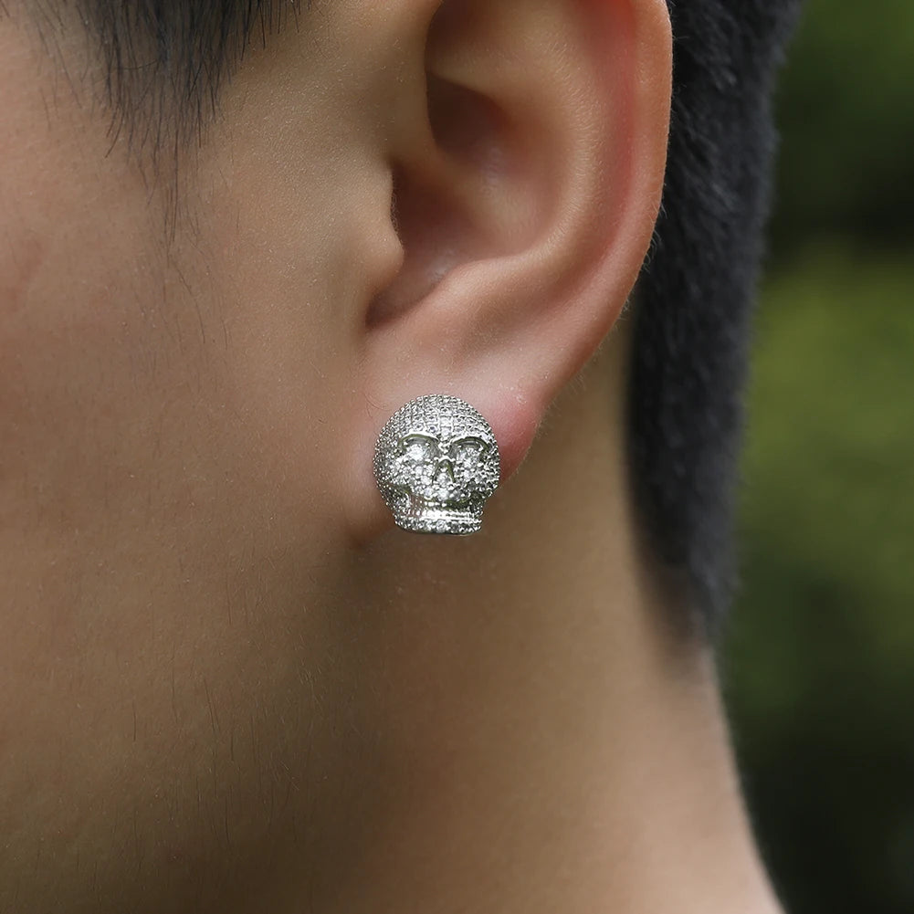 THE BLING KING Skull Stud Earrings Micro Paved Cubic Zirconia Novelty Men’s Halloween Bones Fashion Accessories Hip Hop Jewelry