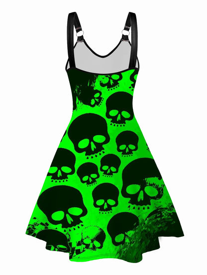 Summer Dresses for Womens Sundress Skull Print V Neck Dress O Ring Straps Sleeveless A Line Tank Dress