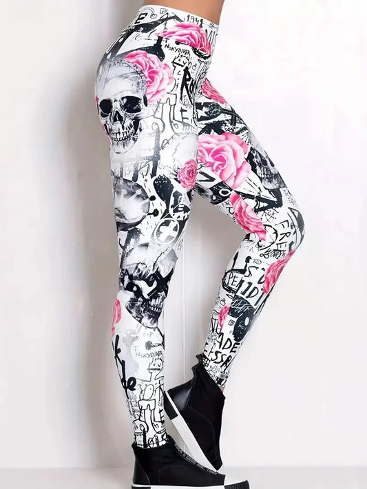 Floral & Skull print elastic elastic waist slim-fit women's leggings for everyday wear