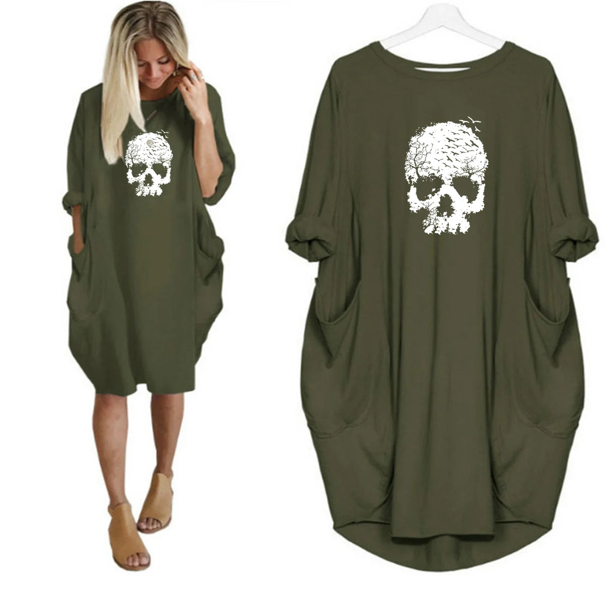 Women's Summer Loose Skull Print Round Neck Long Sleeve Pocket Comfortable Casual P lus Size Dress  ashion Streetwear Oversized