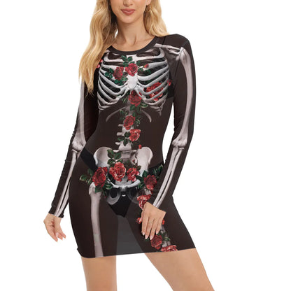 Summer Breathable Mesh Dress Women Sexy Min Dress Halloween Rose Skeleton Outfit Festival Carnival Streetwear Female Clothing