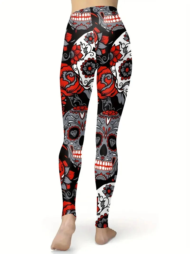 Rose Red & Skull print hip Lift tight waist comfortable stretch casual leggings for women everyday, travel, wear