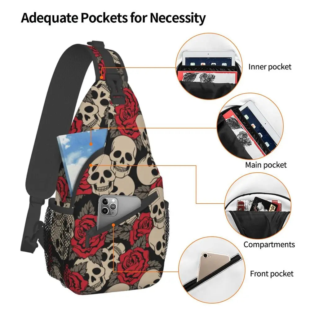 Horror Skeleton Gothic Death Skull Crossbody Sling Backpack Men Custom Shoulder Chest Bag for Traveling Daypack