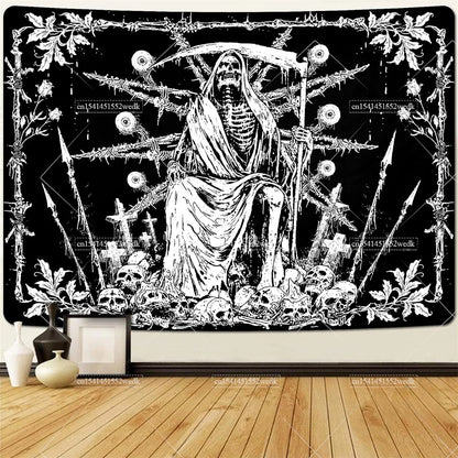 Moth Skull Tapestry Black Goth Tapestries Horror Skeleton HippieTapestry Wall Hanging Room Decor Aesthetic Party Backdrops