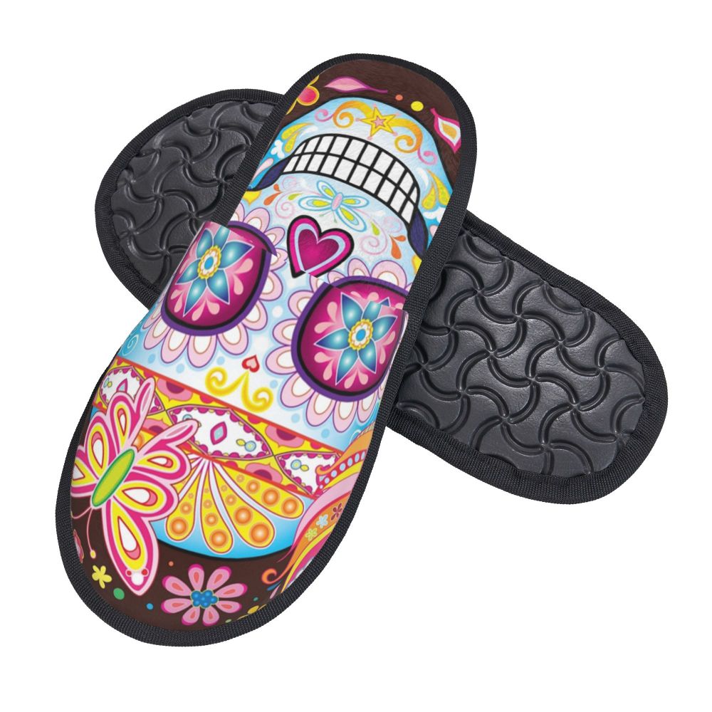 Personalized Mexican Day Of The Dead Skull Comfy Scuff Memory Foam Slippers Women Halloween Bedroom House Shoes