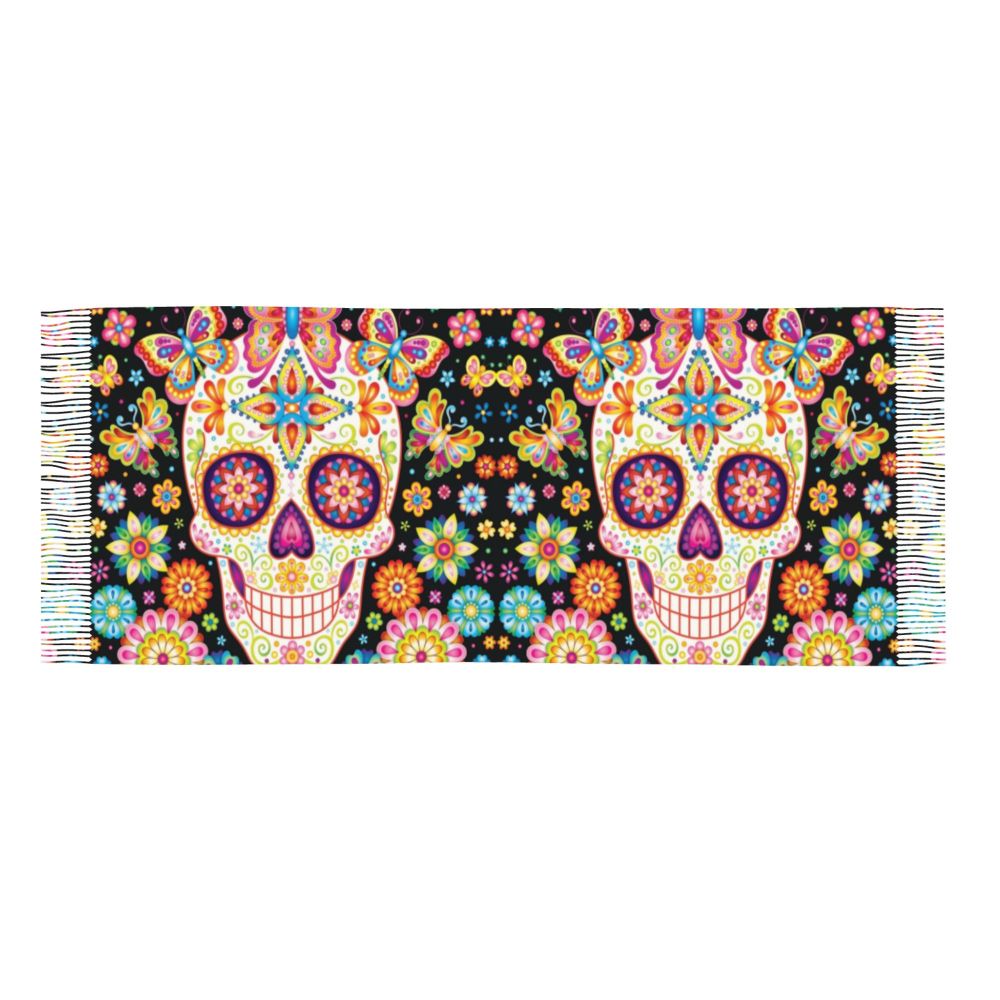 Mexican Sugar Skulls Scarf Wrap Women Long Winter Fall Warm Tassel Shawl Unisex Halloween Day of the Dead Scarves