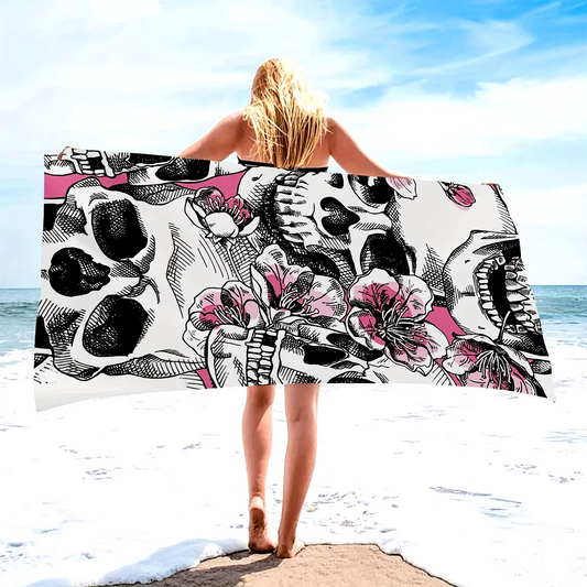 Skull & Flower Print Microfiber Beach Towel - Lightweight & Quick-Drying - Perfect for Summer Pool & Travel!