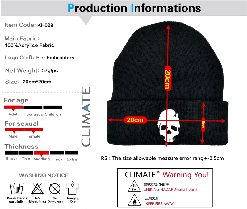 CLIMATE Black Skeleton Beanie Beanies Winter Hat for Men's Winter Warm Hat Cool Skulls Black Hip Hop Warm Knitted Hat for Men