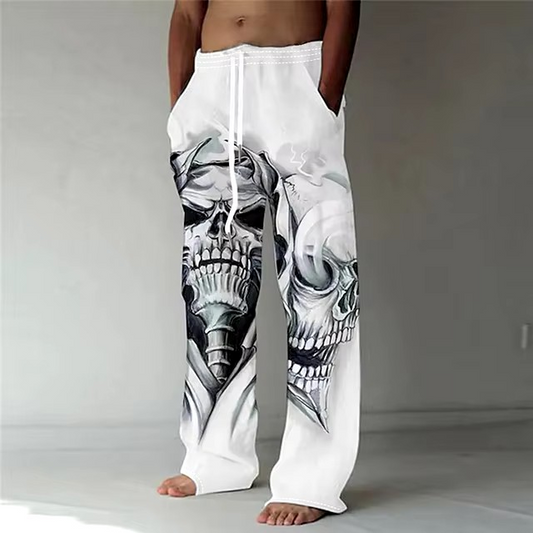 Seasonal Men's Casual Wide Leg Drawstring Beach And Yoga Versatile Pants, Skull Pattern Printed Street Clothing