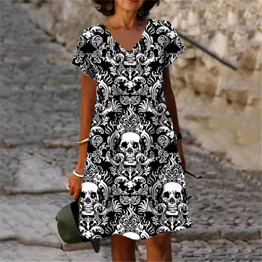 Fashion Dresses Hot Sale 3D Printing Terror White Skull Pattern Women's Dress Casual V-Neck Short Sleeve Oversized Clothing