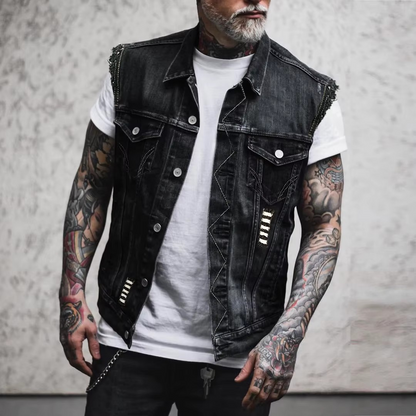 New Denim Vest Printed Tribal Style Top for Men's Sportswear Denim Vest Motorcycle Vest Motorcycle Casual Denim Warehouse